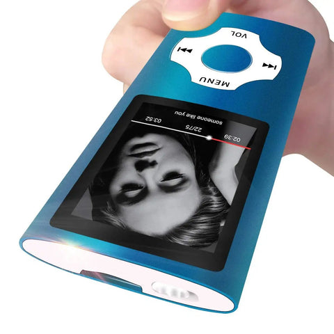 Portable MP3 MP4 Player With 1.8 Inch LCD Screen And 64GB TF Card Slot Dark Blue in hand playing audio