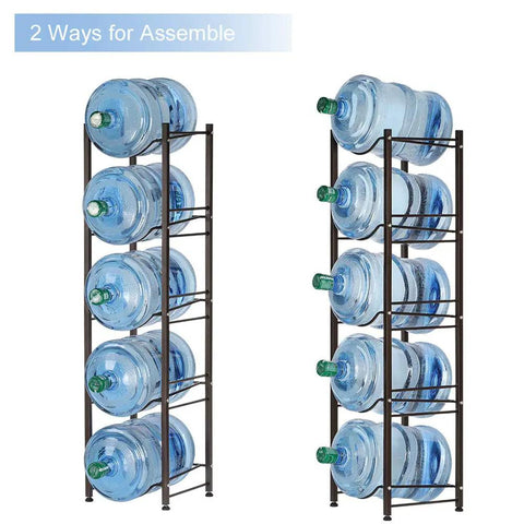 Two Five Gallon Water Jug Holder With Five Tier Heavy Duty Brown Rack Freestanding Bottle Organizer For Home Office Kitchen Pantry Smart Space Saver Keeps Jugs Off The Floor And Fits In Narrow Corners With Adjustable Feet with options for assembly and full of water jugs.