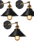 Vintage Industrial Black Wall Sconces 240 Degree Adjustable Antique Style For Restaurants Galleries Kitchens Hallways Doorways UL Approved 3 Pack Wall Lighting with exposed bulbs.
