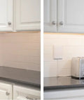 Ultra Thin Outlet Concealer Kit For Inverted Outlets, Cord Concealer And Flat Extension Cord with appliances on kitchen counter