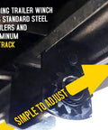 Sliding trailer winch for C track rail system, showing easy adjustment and secure fit for heavy duty tie down gear