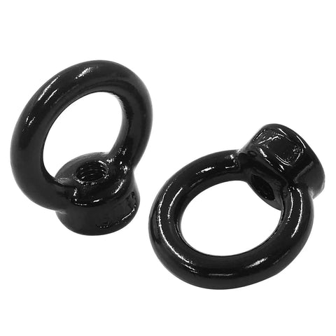 Six Pack M6 Eye Nuts Set Stainless Steel Lifting Eye Nuts Ring Style Fasteners For Heavy Duty Rigging And Anchoring Corrosion Resistant High Load Capacity For Industrial Use, black finish, top view.