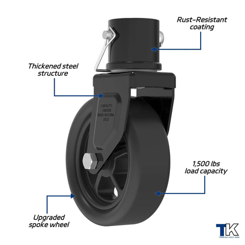 1500 Lb Trailer Jack Swivel Caster Replacement With Upgraded 6 Inch Spoked Wheel And Pin For 2 Inch Diameter Jack Tubes, Black