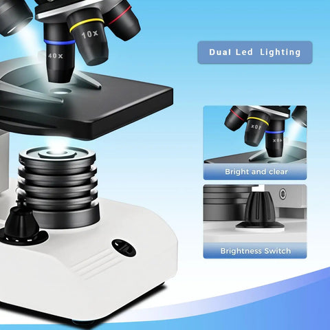Close-up of Dual Power Compound Monocular Microscope for Adults and Students with 40X to 2000X magnification and dual LED lighting