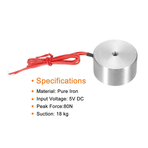 5V Round Solenoid Electromagnet With 180N Peak Force And 18Kg Holding Suction DC Electric Lifting Magnet For Automation