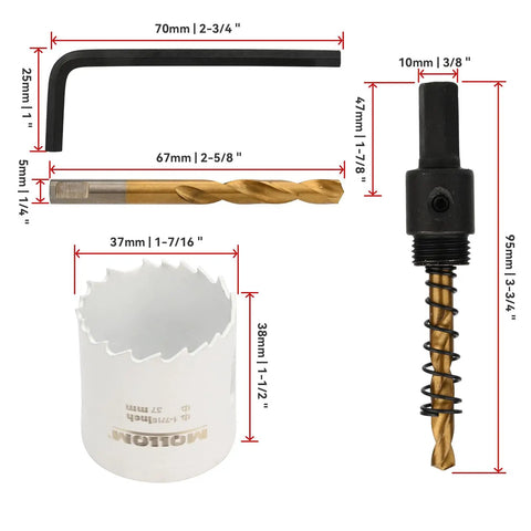 Heavy Duty Bi Metal Hole Saw With Arbor 37Mm 1-7/16 Inch M42 High Speed Steel set including hole saw, pilot drill, and arbor.