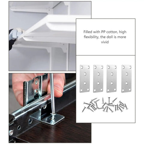 Set of stainless steel flat plate brackets with screws for furniture repair and wood joining, displayed in installation context.