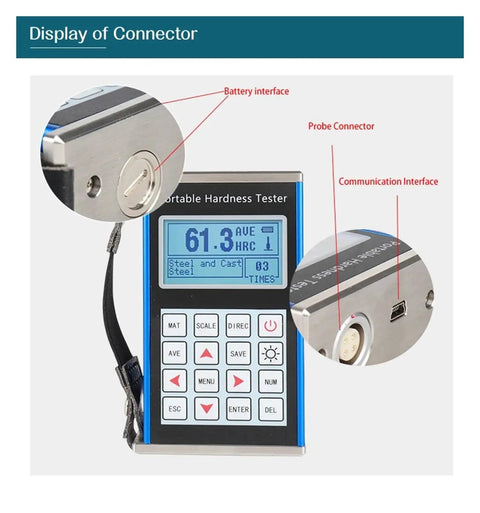 Grab And Go Digital Leeb Hardness Tester For Steel And Alloys With Knockout Accuracy Up To 960Hld display showing battery and probe connectors.