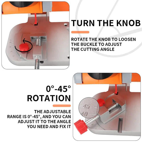 Close-up of Mini Miter Chop Saw For Metal Wood Plastic Crafts Benchtop Cut Off Saw With 0 To 45 Degrees Adjustable Cut