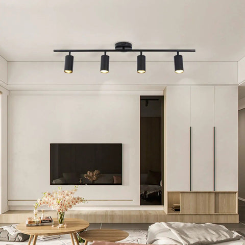 Matte Black 4 Light LED Track Lighting Kit With Adjustable Heads Modern Flush Mount Ceiling Spotlight above living room