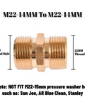 Close-up of solid brass M22-14mm male-to-male pressure washer hose coupler, side view.