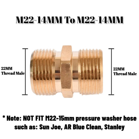 Close-up of solid brass M22-14mm male-to-male pressure washer hose coupler, side view.