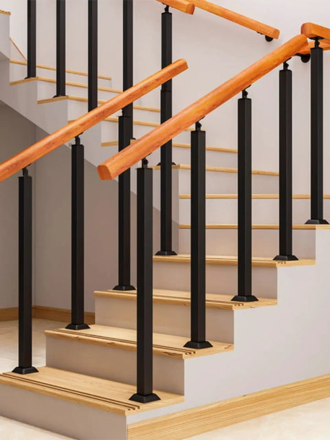 Heavy Duty Adjustable Black Wrought Iron Bracket With 24 Inch Pine Wood Deck Support for Outdoor Railings and Pool Gates, sturdy stair railing.
