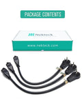 Flat Plug Extension Cord With 360 Degree Rotating Right Angle Plug, 1 Foot, 14 AWG 3 Prong Grounded Cable, Low Profile Power Cord Built To Last, UL Certified, 15A, Black next to packaging box