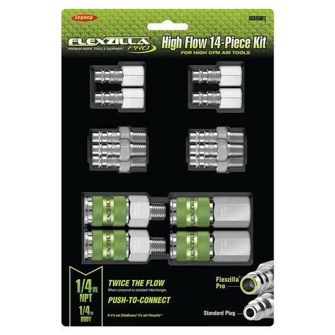 Flexzilla Pro High Flow 14-Piece Kit, 1/4 in NPT fittings, silver metal couplers/plugs with green grips on packaging