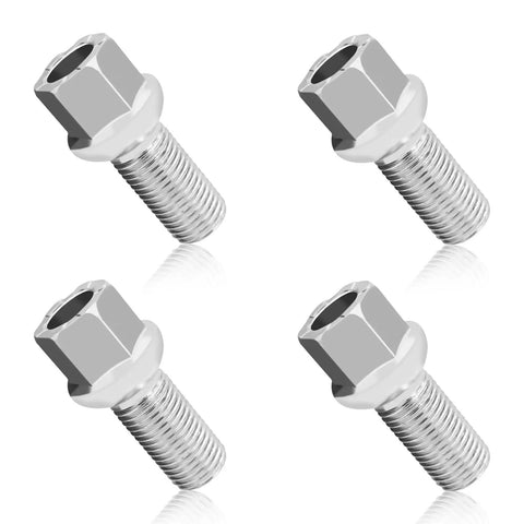 Set of four M14x1.5 ball seat wheel bolts and lug studs, 27mm shank, chrome finish for quick wheel swaps on Audi VW Skoda.
