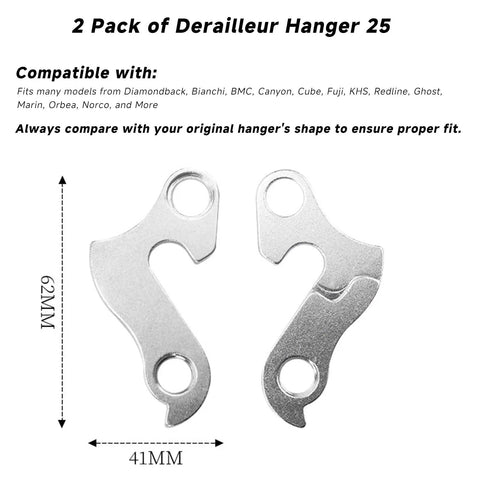 2 Pack Alloy Rear Derailleur Hanger 25 Replacement For MTB And Road Bikes with dimensions 62mm x 41mm