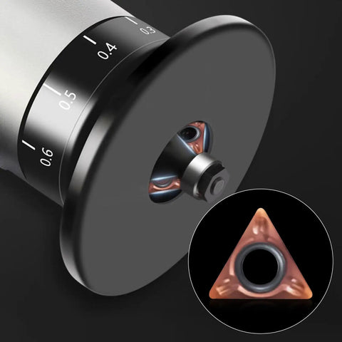 Close-up of Badass 10 Pack Slick Triangle Carbide Cutter Heads For Mini Pneumatic Chamfering Machine with cutter inserted in tool.