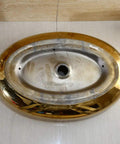 Top Shelf Ceramic Vessel Sink With Faucet Oval Countertop Wash Basin showing polished gold finish and oval shape.