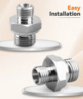 Front and side views of two silver hard-steel 14H–18ED fitting adapters with male threads.