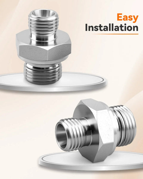 Front and side views of two silver hard-steel 14H–18ED fitting adapters with male threads.