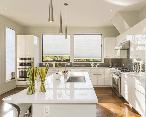 Modern kitchen with Cordless Cellular Shade White Fits 19 To 36 Inch Windows 36W By 64L Light Filtering Daylight Sheer Privacy.