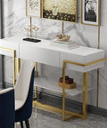 Rugged Industrial Console Table With Easy Slide Drawer And Two Tier Open Storage Shelf Designed For Cramped Hallways Apartments Or Entryways Narrow Sofa Side Table with gold accents.