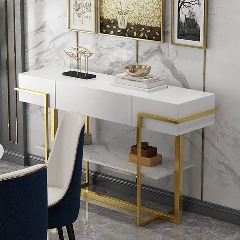 Rugged Industrial Console Table With Easy Slide Drawer And Two Tier Open Storage Shelf Designed For Cramped Hallways Apartments Or Entryways Narrow Sofa Side Table with gold accents.