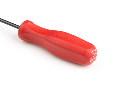 Red handle of Three Sixteenth Inch Slotted Screwdriver With Glass-Reinforced Nylon Handle Built For The Rough Stuff Insert Molded Grip For Comfort