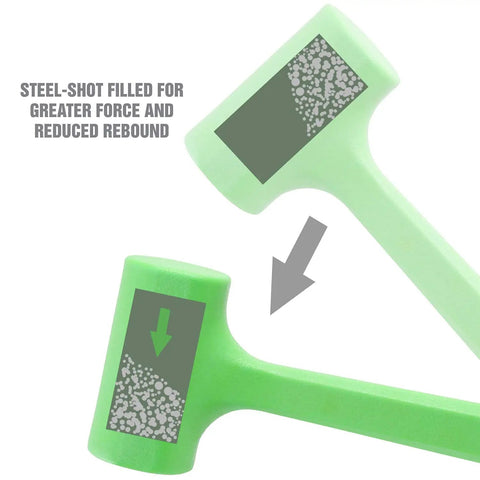 Three Piece Dead Blow Hammer Set With Non Marring Mallets Weighing One Half Pound One Pound And Two Pound Steel Shot Filled