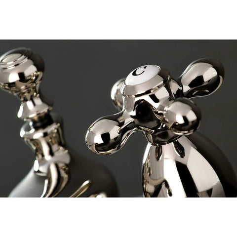 Restoration Style 4-Inch Centerset Bathroom Faucet With Pop-Up Drain, Polished Nickel Finish close-up of cross handles