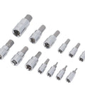 Complete Hex Bit Socket Set With 13 Essential Pieces Covering 2mm To 14mm With Versatile 1/4 3/8 And 1/2 Inch Drive, showing 13 chrome sockets.
