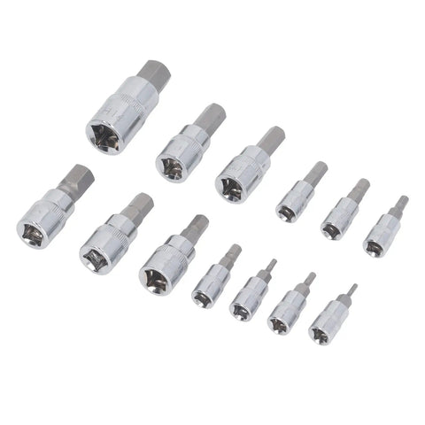 Complete Hex Bit Socket Set With 13 Essential Pieces Covering 2mm To 14mm With Versatile 1/4 3/8 And 1/2 Inch Drive, showing 13 chrome sockets.