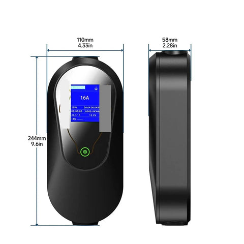 Portable Level 2 EV Charger 7KW With SAE J1772 Plug, 32A, CEE Connector, compact design, front and side view with dimensions