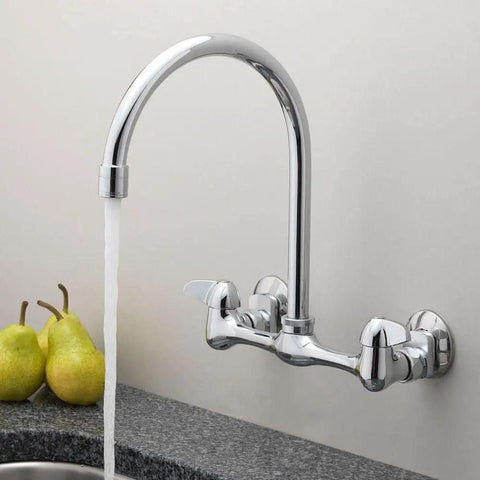 Two Handle High Arc Wall Mount Kitchen Faucet With 6.7 Inch Spout Height 8 Inch Reach Adjustable Brass Body Solid Chrome
