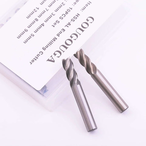 Front view: GOUGOUGA milling cutters - two HSS 4-flute end mills with straight shanks