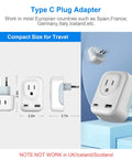 4 In 1 European Travel Plug Adapter With US Outlet And USB Ports, USB C Quick Charge, 3750 Watt Max, compact white adapter dimensions