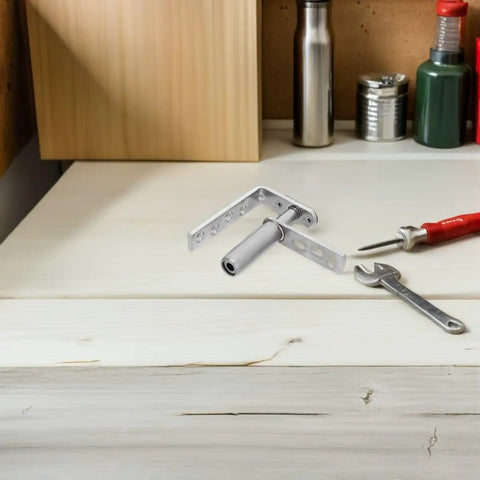 Stainless Steel Double Swing Door Hinges With Self-Closing Spring Load for 16mm-20mm Doors, shown with tools on workbench.