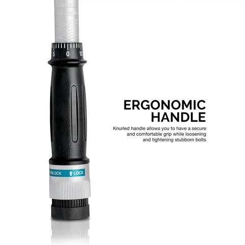 Close-up of ergonomic handle on Heavy Duty Half Inch Drive Torque Wrench With Adjustable Click 25 Inch Range Chrome Vanadium CrV Steel SAE Precision Tool