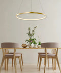 Lit LED Ring Pendant Light With Remote Control 23.6 Inch Halo Chandelier in a modern dining room setting with wooden table and chairs