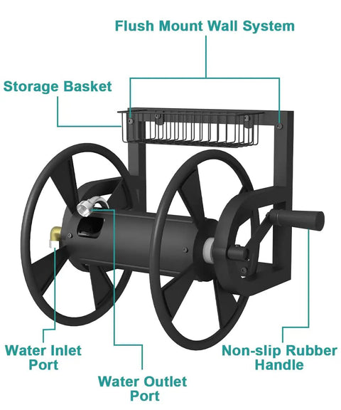 Wall Mounted Garden Hose Reel For Outdoor Use, Heavy Duty Hose Holder Winder With Leader Hose And Brass Connector, black frame