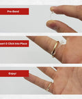 Installation of Invisible Ring Size Adjuster For Loose Rings With Six Sizes Keeps Your Engagement And Wedding Rings Snug And In Place No More Slips Clear Ring Band Sizer Guard For Loose Jewelry Multipack Ten Count on finger.