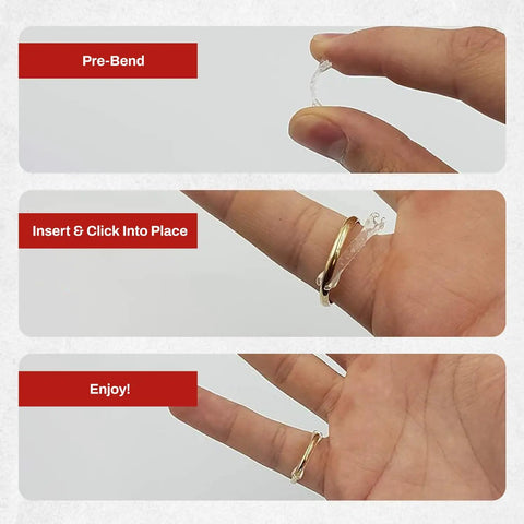 Installation of Invisible Ring Size Adjuster For Loose Rings With Six Sizes Keeps Your Engagement And Wedding Rings Snug And In Place No More Slips Clear Ring Band Sizer Guard For Loose Jewelry Multipack Ten Count on finger.