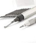 Pro Grade Deburring Tool Kit With 11 High Speed Steel Swivel Blades, tungsten carbide scribe, and CNC aluminum handle on white background