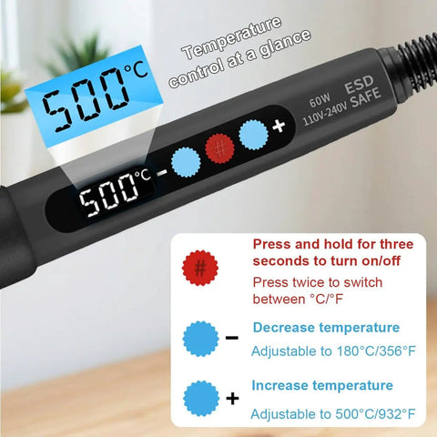 60W LED Display Soldering Iron Kit With Ceramic Heater showing 500°C temperature on digital display