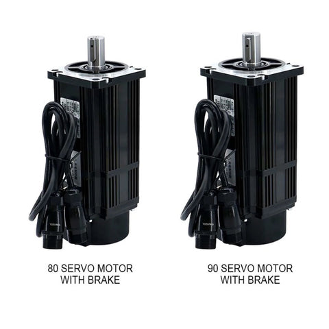 Two black servo motors with brakes and attached cables, labeled 80 and 90 servo motors.