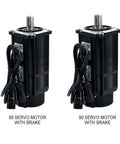 Front view of two black servo motors with brakes (80ST and 90ST), with attached power cables.