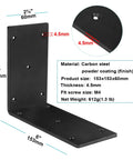 Front view of Four Pack 6 Inch By 6 Inch By Two And Three Eighths Inch Heavy Duty Black Steel L Angle Brackets For Pergola Posts 90 Degree Corner Braces Five Thirty Second Inch Thick With Countersunk Holes For Number Nine Screws with detailed dimensions and material information