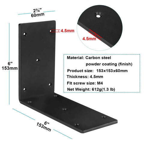 Front view of Four Pack 6 Inch By 6 Inch By Two And Three Eighths Inch Heavy Duty Black Steel L Angle Brackets For Pergola Posts 90 Degree Corner Braces Five Thirty Second Inch Thick With Countersunk Holes For Number Nine Screws with detailed dimensions and material information