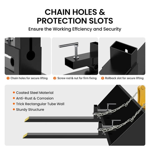 Close-up of clamp-on debris forks showing chain holes and protection slots for secure lifting, part of a skid steer loader attachment.